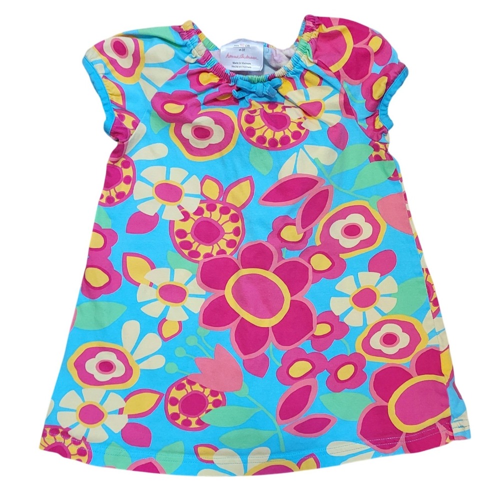 Hanna Andersson Floral Dress Blue 3T A-Line Short Sleeve Kids‎ Cotton Summer